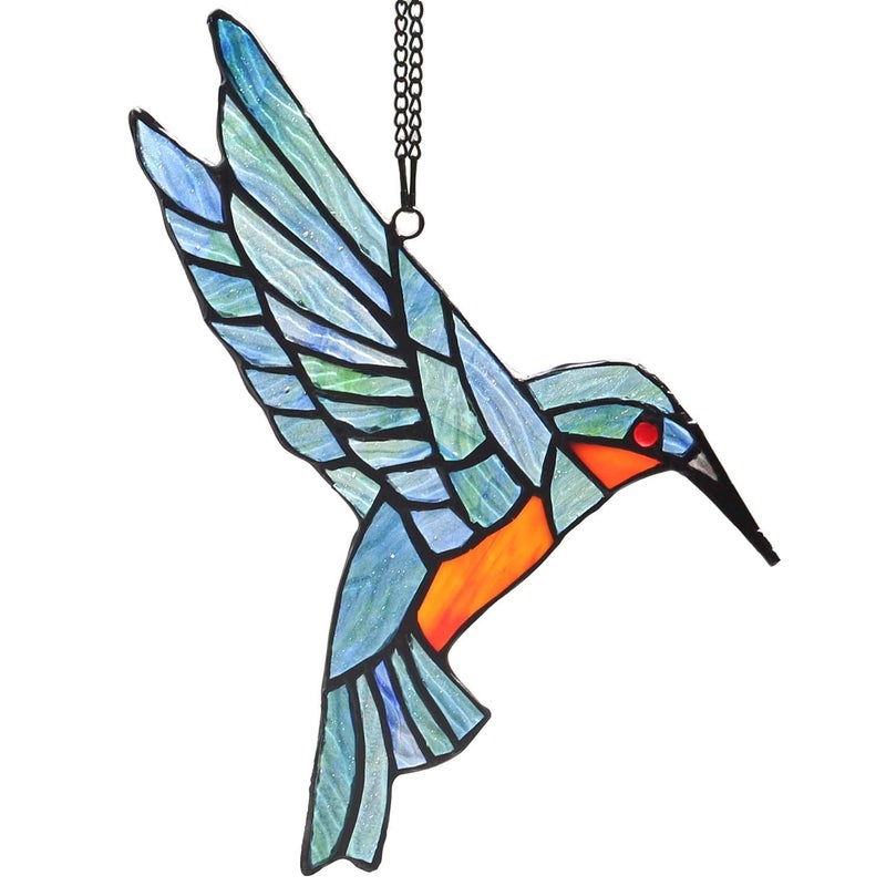Bieye W10049 Hummingbird Tiffany Style Stained Glass Window Hangings Suncatcher with Chain and Suction Cup Hook (7" W x 8" H) - Image 1